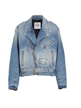 EB Denim Motorcycle Jacket Zip Belt Oversized Jean Luca Blue Faded Insulated M